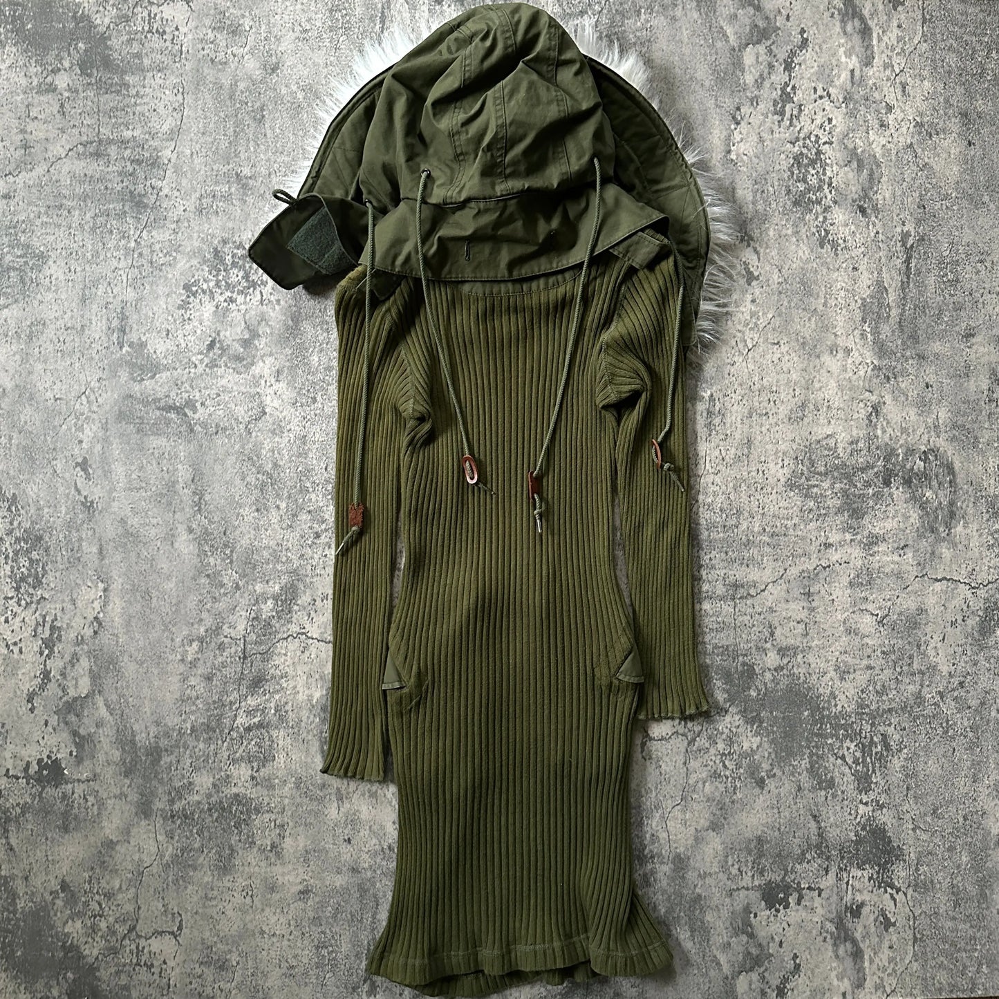 AW10 Runway Junya Watanabe “White Fur” Detachable Hood Ribbed-Knit Dress - 269archive