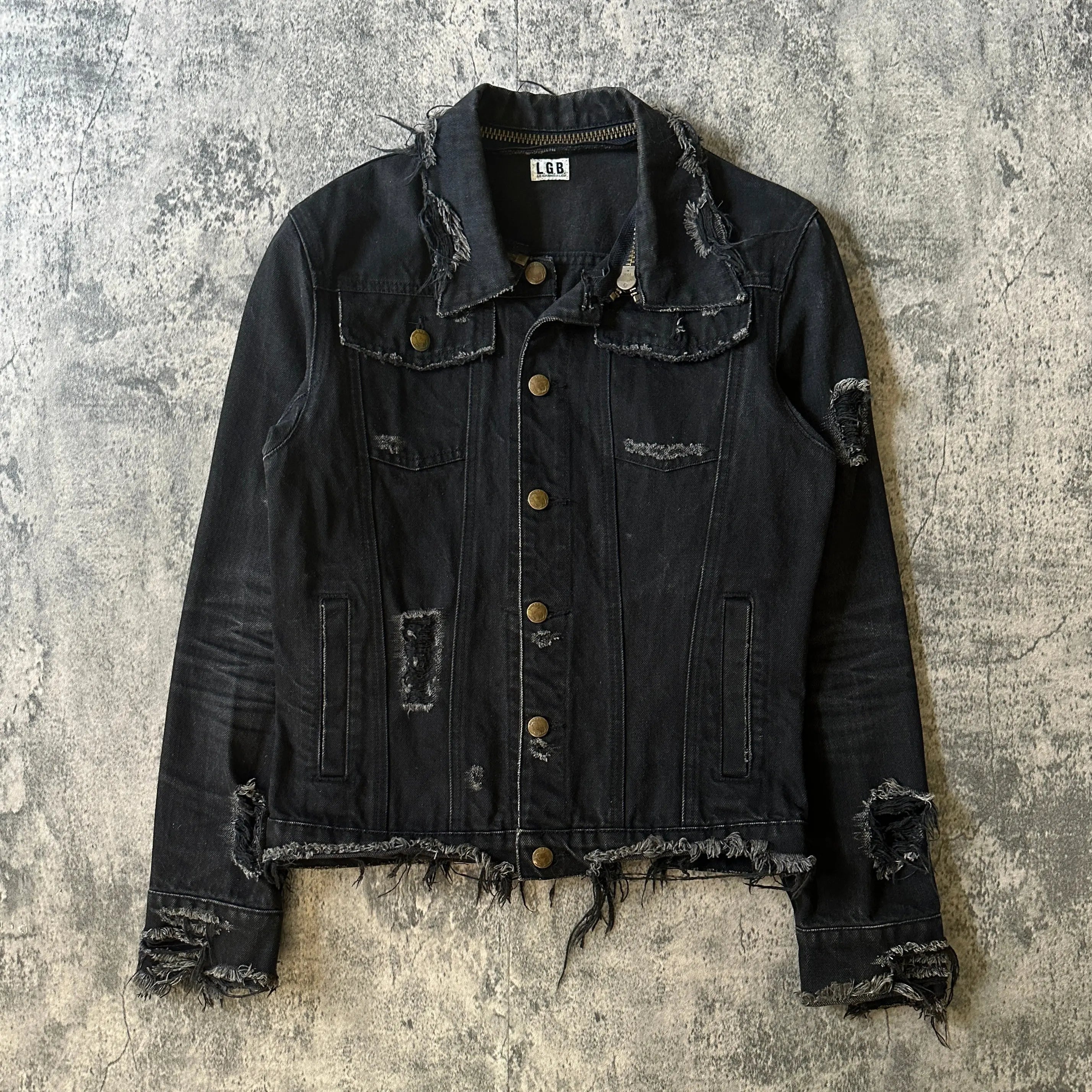 ジャケット・アウター 00s archive L.G.B. denim jacket grunge 00s Le Grande Bleu (L.G.B) 'Biker' Cut Distressed Denim