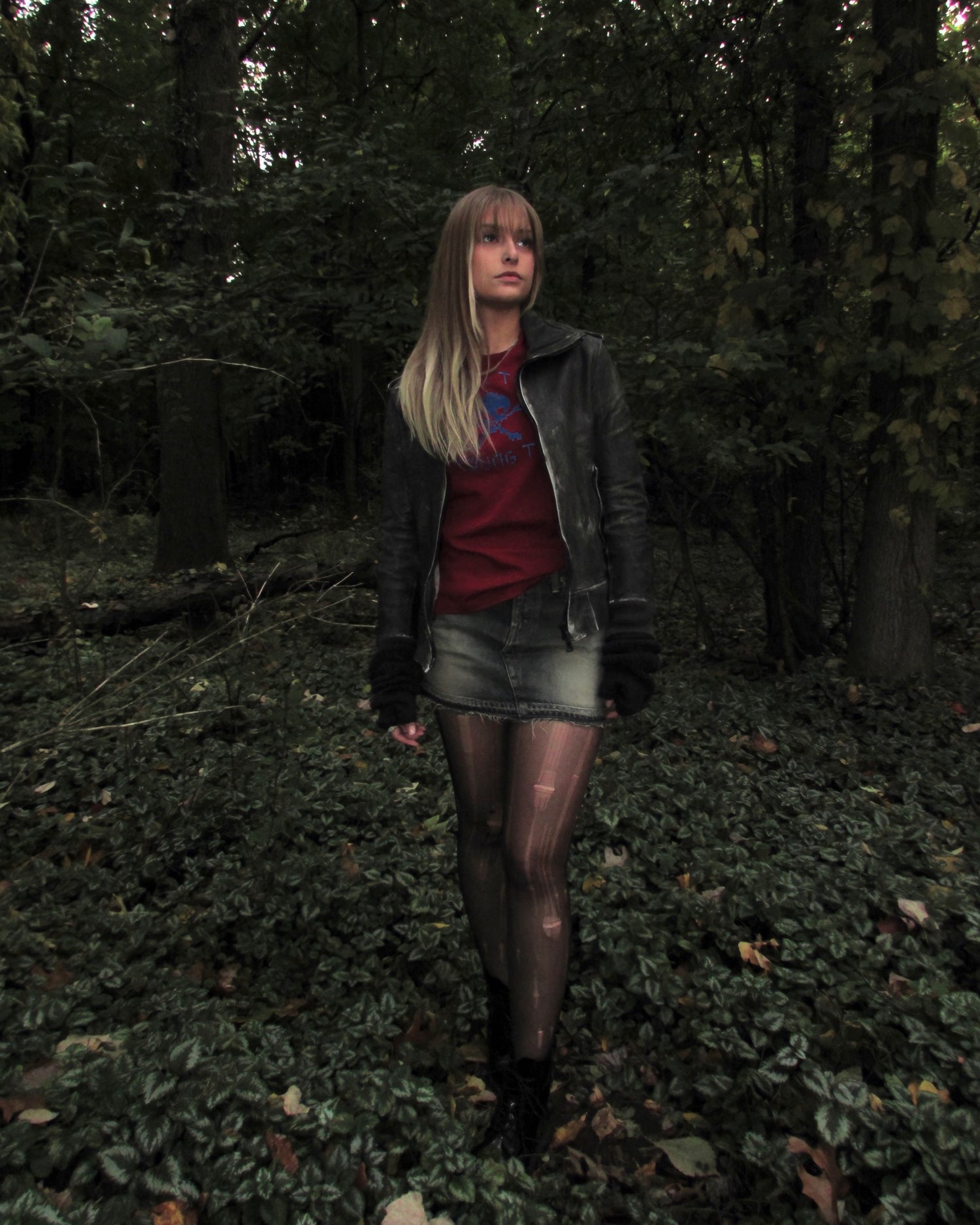 designer leather jacket, vivienne Westwood shirt, undercover denim skirt